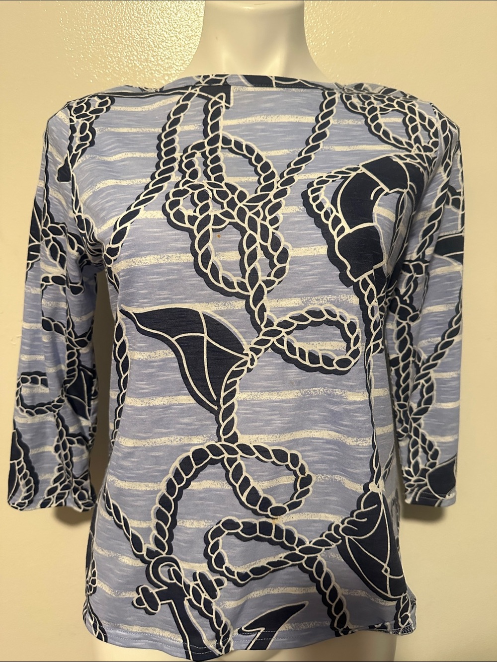 Basic Editions Light Blue and Navy Nautical Rope Print Long Sleeve Top